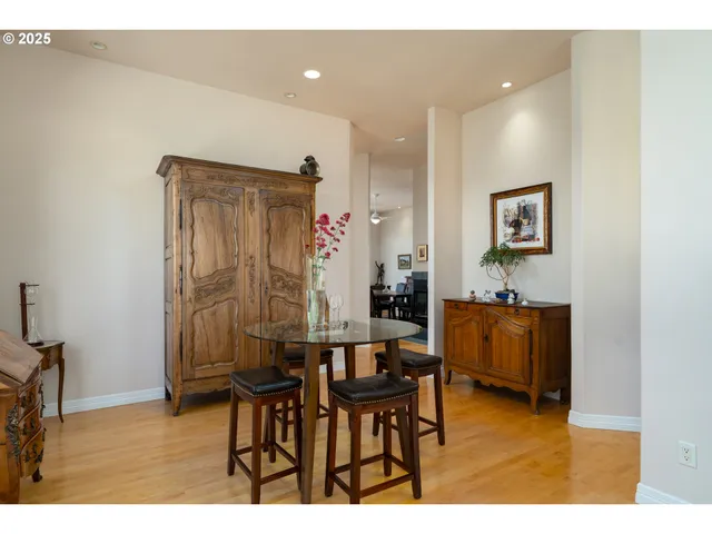 a view of a dining room with furniture