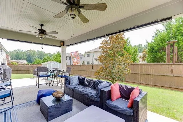 a building outdoor space with patio furniture