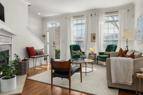 a living room with furniture fireplace and a potted plant