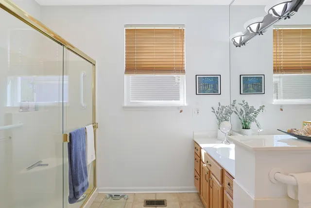 a bathroom with a sink a mirror and a shower