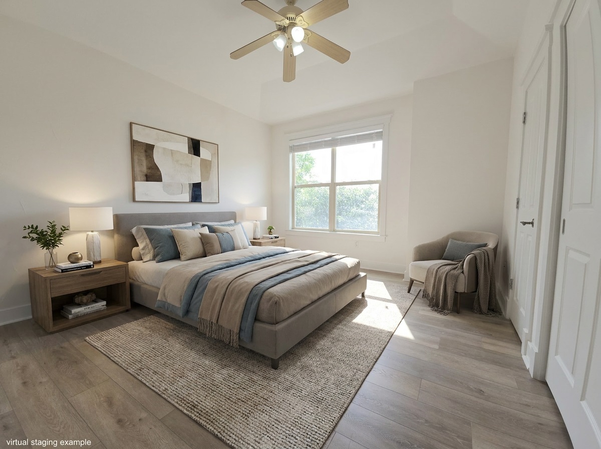 2800 Waymaker Way, Unit 24 Austin, TX 78746 - Photo 13 of 14 Spacious bedroom featuring wood-finish flooring, a tray ceiling, and a ceiling fan with integrated lighting