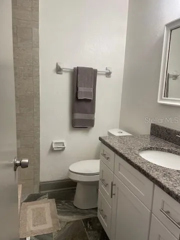 a bathroom with a granite countertop toilet sink and mirror