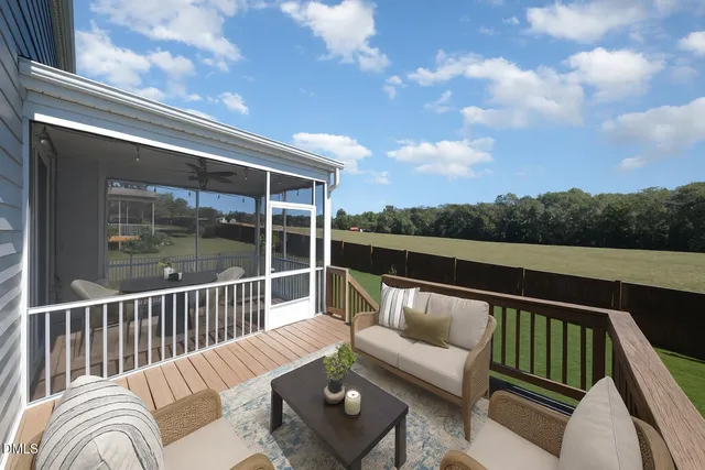 a balcony with wooden floor and outdoor seating