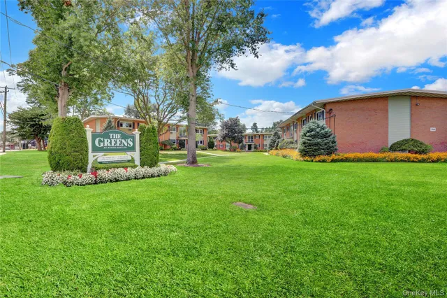 a view of a park that has large trees