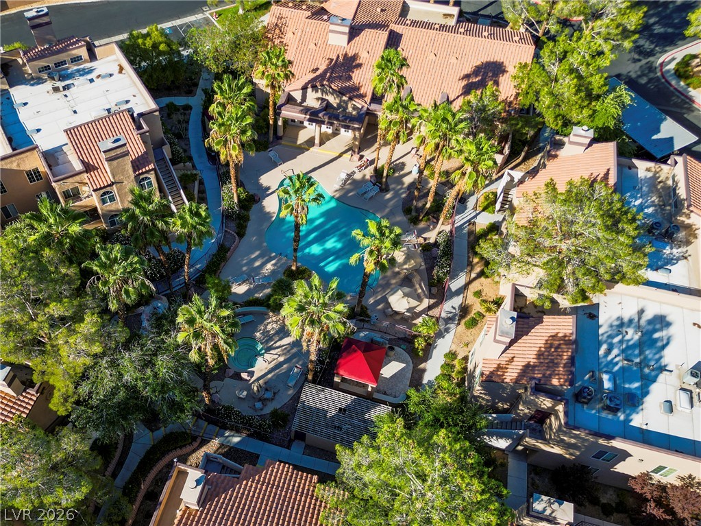 9325 West Desert Inn Road, Unit 260 Las Vegas, NV 89117 - Photo 1 of 4 An aerial perspective reveals a vibrant community pool area, complete with swaying palm trees and inviting lounge spaces.