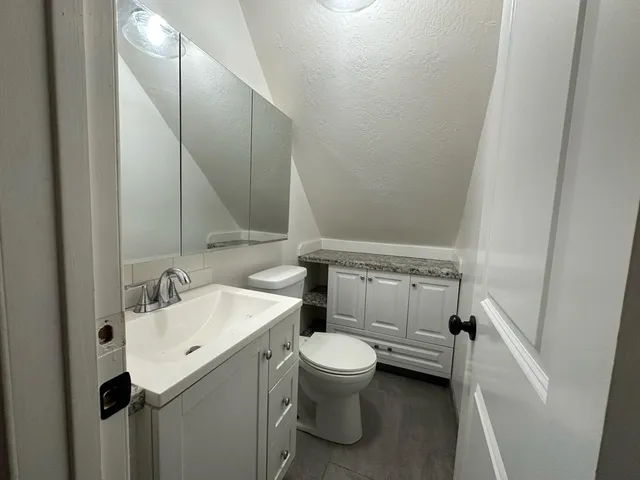 a bathroom with a sink and mirror with toilet