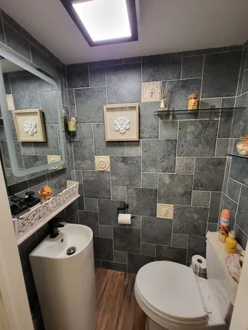 a bathroom with a toilet a sink and mirror