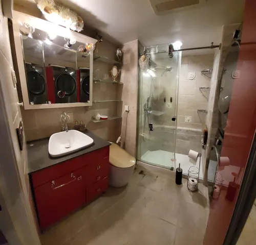 a bathroom with a sink a toilet a mirror and shower