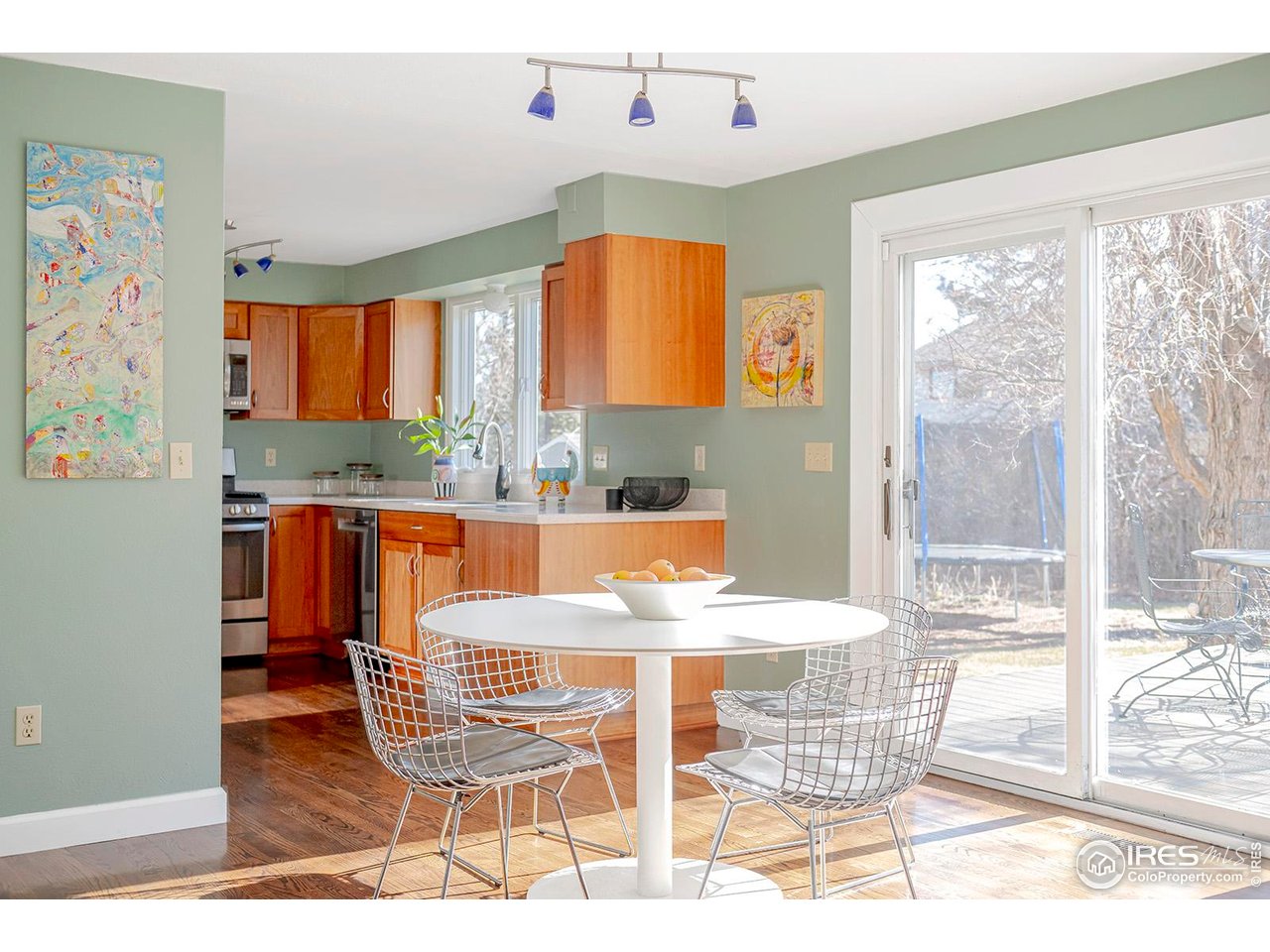 4556 Apple Way Boulder, CO 80301 - Photo 3 of 50 Sun filled eat-in kitchen with glass sliding doors to large south facing deck and expansive private yard with mature landscaping and trees