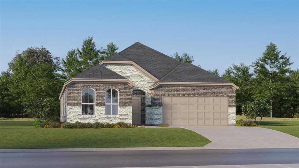 2244 Medina Road Celina, TX 75009 - Photo 1 of 1 Brick and stone facade residence featuring a two-car garage, arched windows, a dark shingle roof, and a concrete driveway