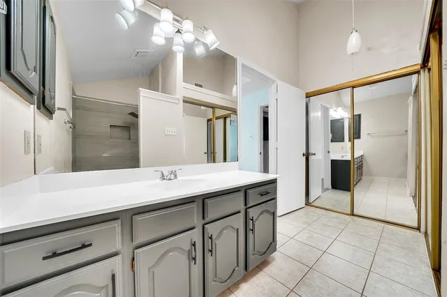 a bathroom with a sink a shower and a mirror