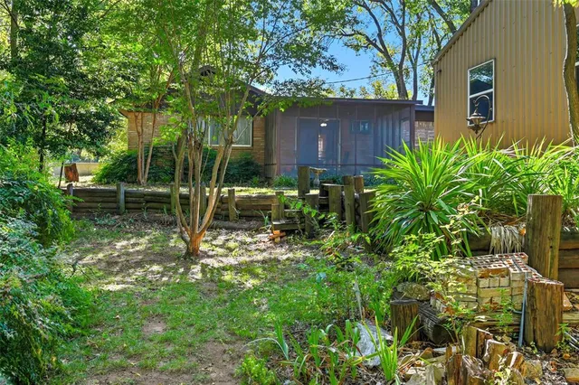 a view of a yard with plants and a tree