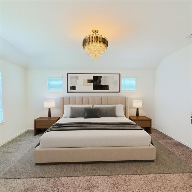 1336 Morning View Road Georgetown, TX 78628 - Photo 16 of 40 A tranquil bedroom retreat features plush carpeting, recessed windows, and an elegant crystal chandelier.