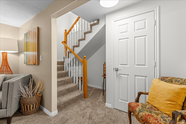 7824 South Sequoia Tree Lane Sandy, UT 84094 - Photo 29 of 43 Staircase with carpet flooring and baseboards