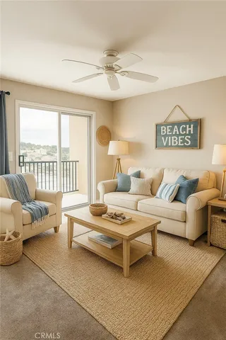 an empty room with windows and ceiling fan