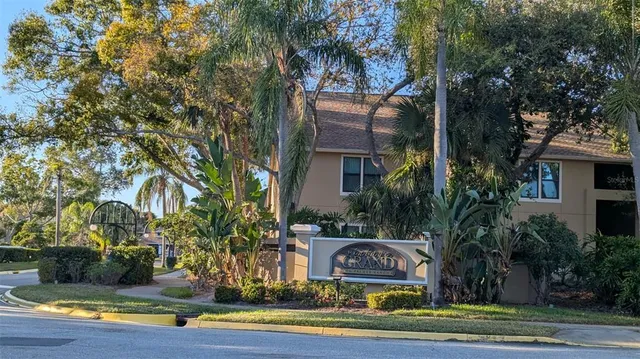 a view of a house with a yard and potted plants