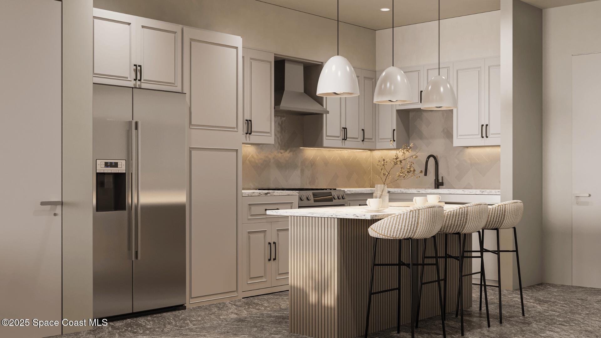 1230 Jimmy Buffett Mem Highway, Unit 410 Satellite Beach, FL 32937 - Photo 12 of 14 a kitchen with stainless steel appliances granite countertop a sink a stove a refrigerator and island with wooden cabinets