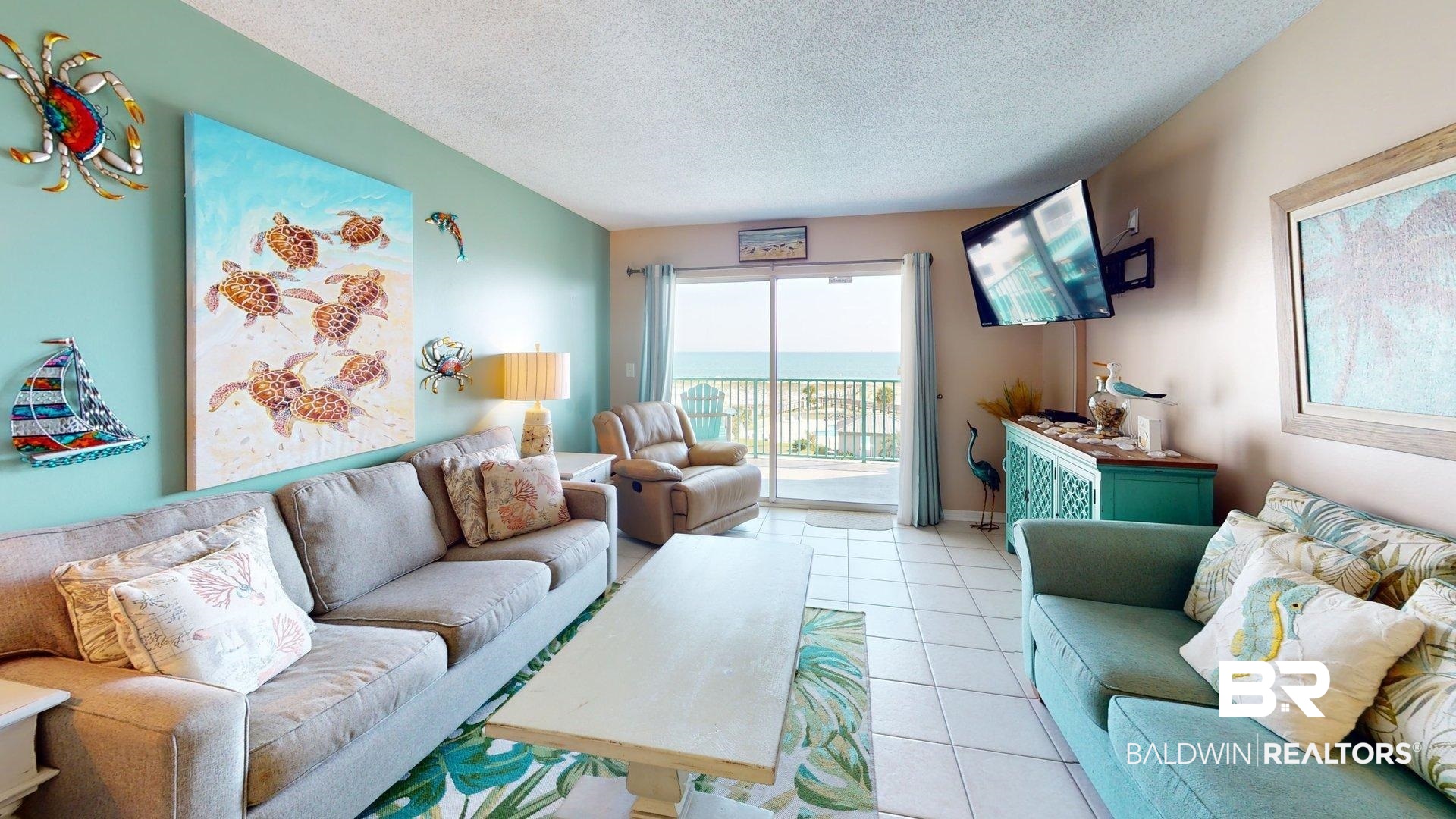 645 Plantation Road, Unit 6503 Gulf Shores, AL 36542 - Photo 12 of 53 Living room with a textured ceiling and tile patterned flooring