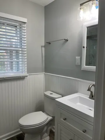 a bathroom with a toilet a sink a vanity and mirror