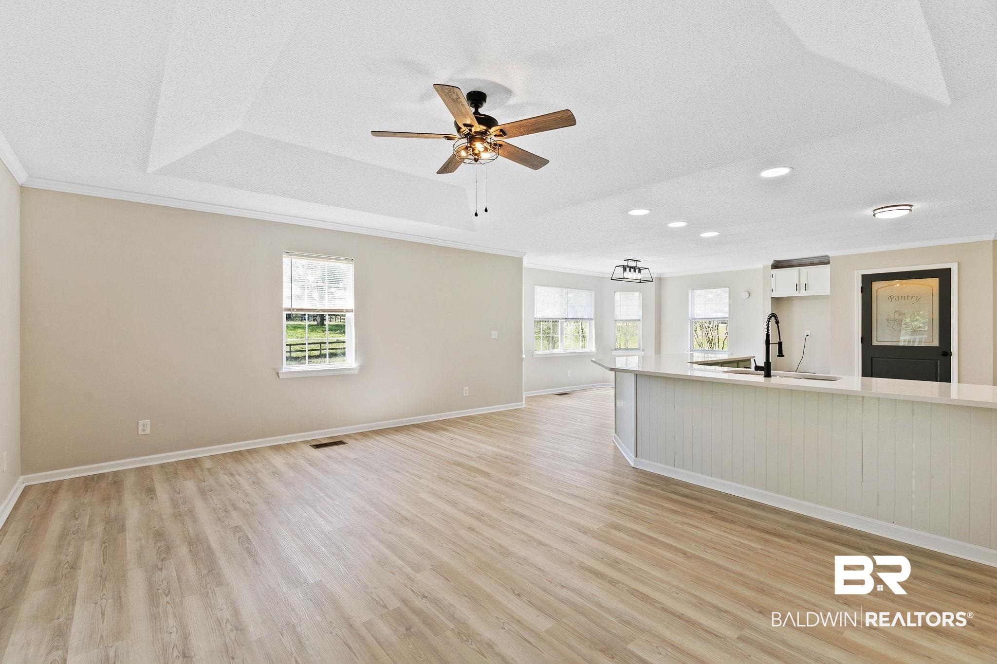 35650 Spring Road North Stapleton, AL 36578 - Photo 30 of 70 Unfurnished living room featuring ornamental molding, plenty of natural light, light wood-type flooring, a ceiling fan, and a textured ceiling