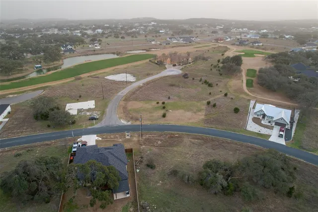 a view of a town with large trees
