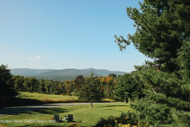 a view of a field with an trees in the background
