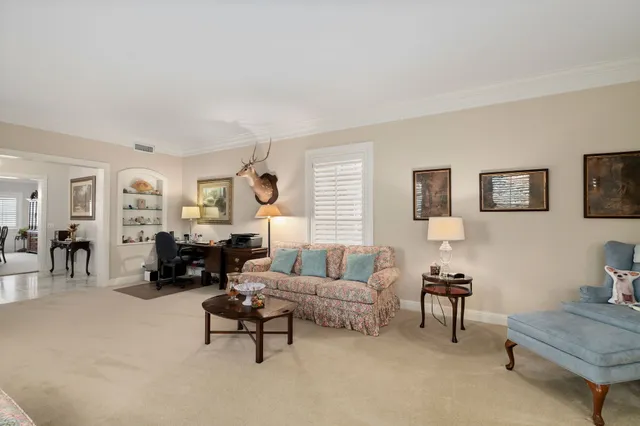 a living room with furniture and a potted plant on table