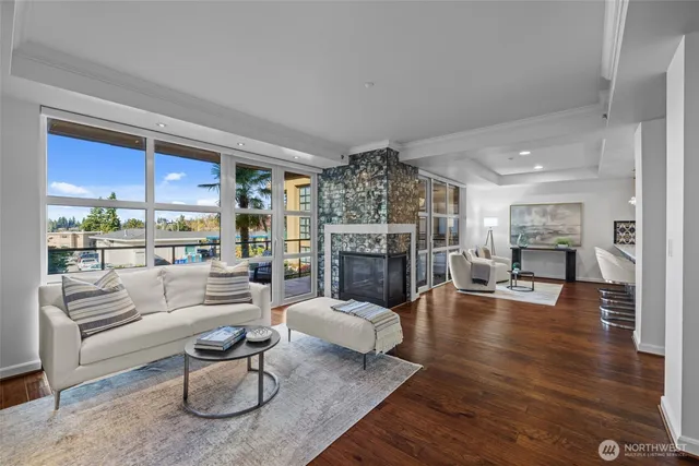 a living room with furniture and a table