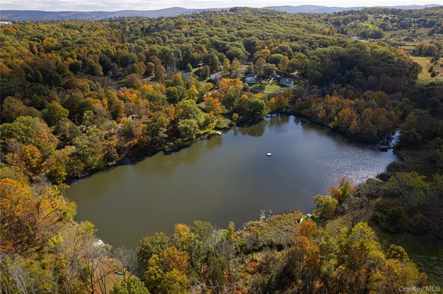 an aerial view of lake and residential houses with outdoor space