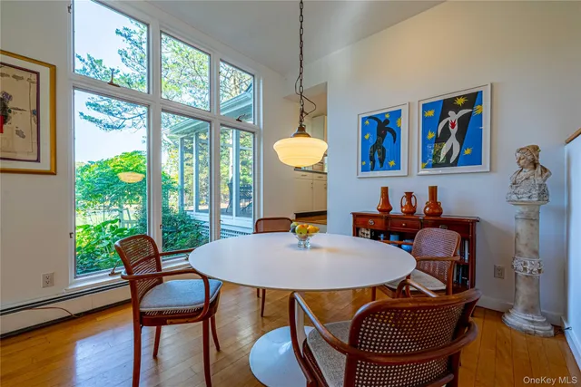 a view of a dining room with furniture window and wooden floor