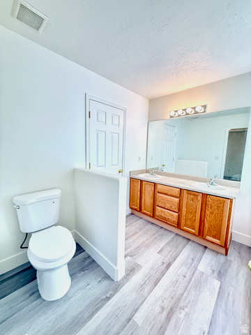 1705 80 East Tooele, UT 84074 - Photo 8 of 22 Wood-finish flooring throughout, featuring a double vanity with an integrated countertop, a separate toilet, a vanity light fixture, and a full wall mirror