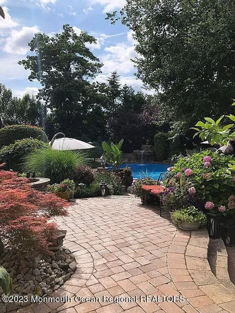 a view of a backyard with potted plants and large trees