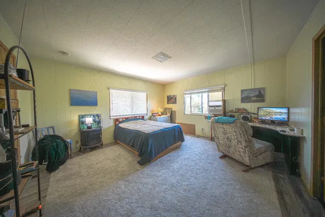 a spacious bedroom with a bed a couch and dresser