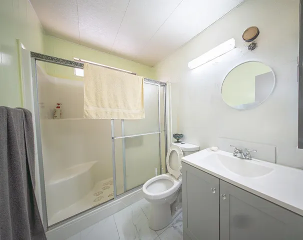 a bathroom with a toilet a sink shower and mirror