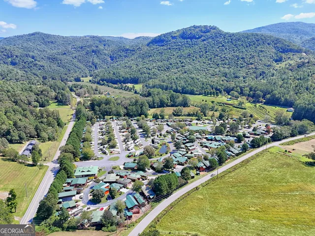 an aerial view of a tennis ground and large trees