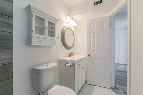 a bathroom with a sink a toilet and a mirror