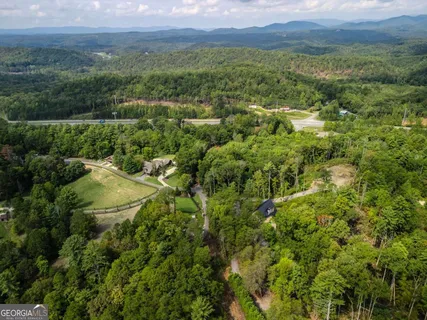 an aerial view of residential houses with outdoor space and trees