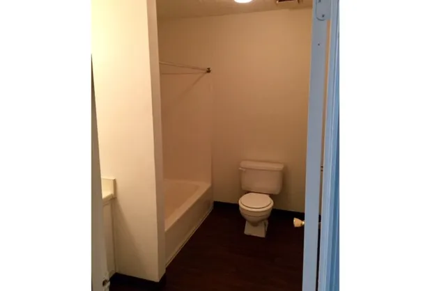 a bathroom with a toilet and a shower