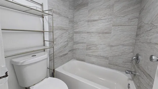 a bathroom with a toilet and a bathtub