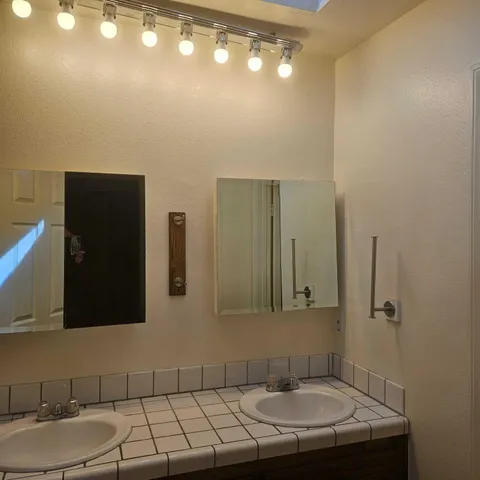 a bathroom with a sink and a mirror