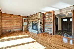 a view of an empty room with a bathroom