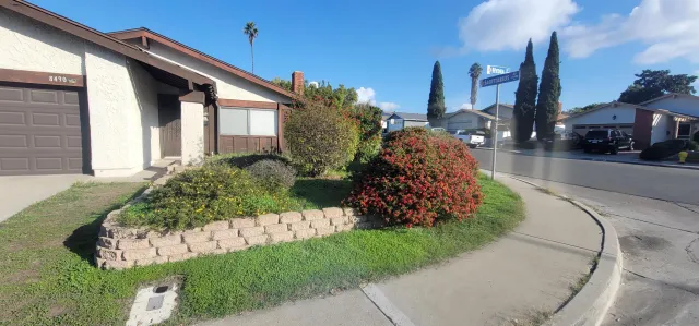 a view of a house with a yard and pathway