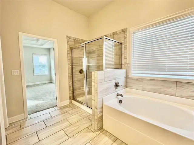 a bathroom with a bathtub and a shower