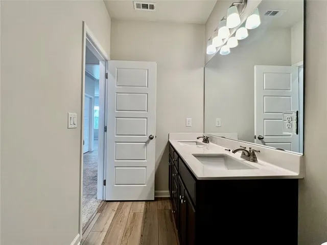 a bathroom with a sink vanity and a mirror