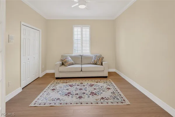a living room with a rug