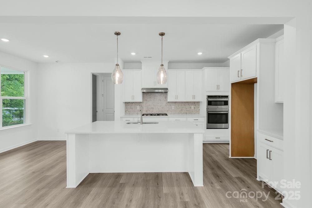 173 Glenn Drive Mooresville, NC 28115 - Photo 2 of 35 a large kitchen with kitchen island a stove a sink a refrigerator and white cabinets with wooden floor
