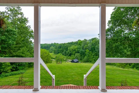 a view of a garden from a balcony