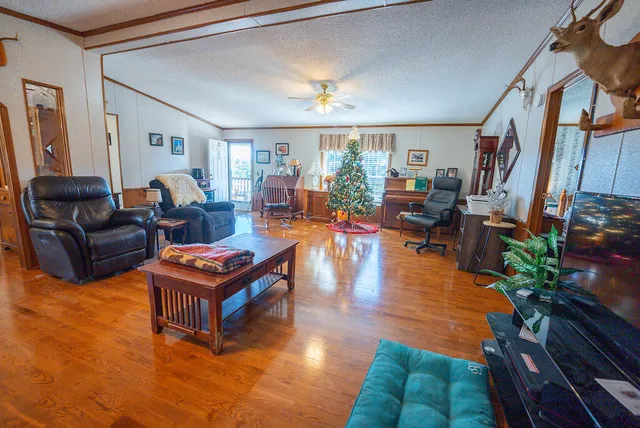 a backyard of a house with outdoor seating and trees