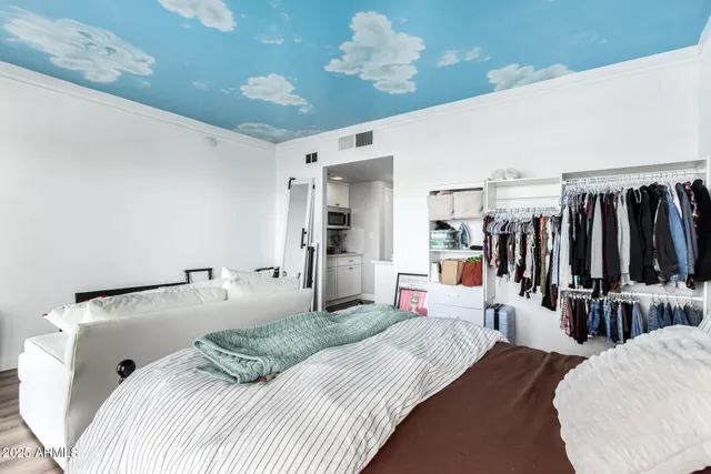 a bedroom with a bed and a walk in closet