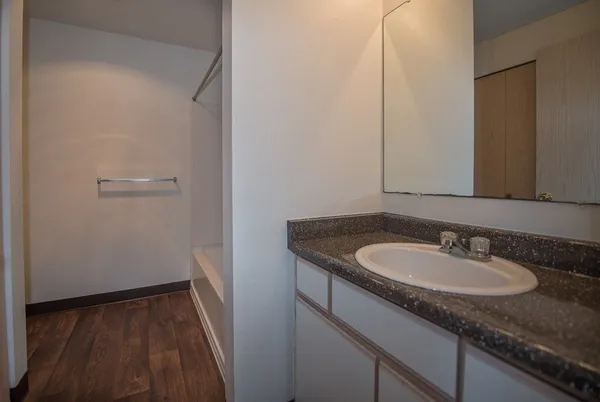 a bathroom with a granite countertop sink and a mirror